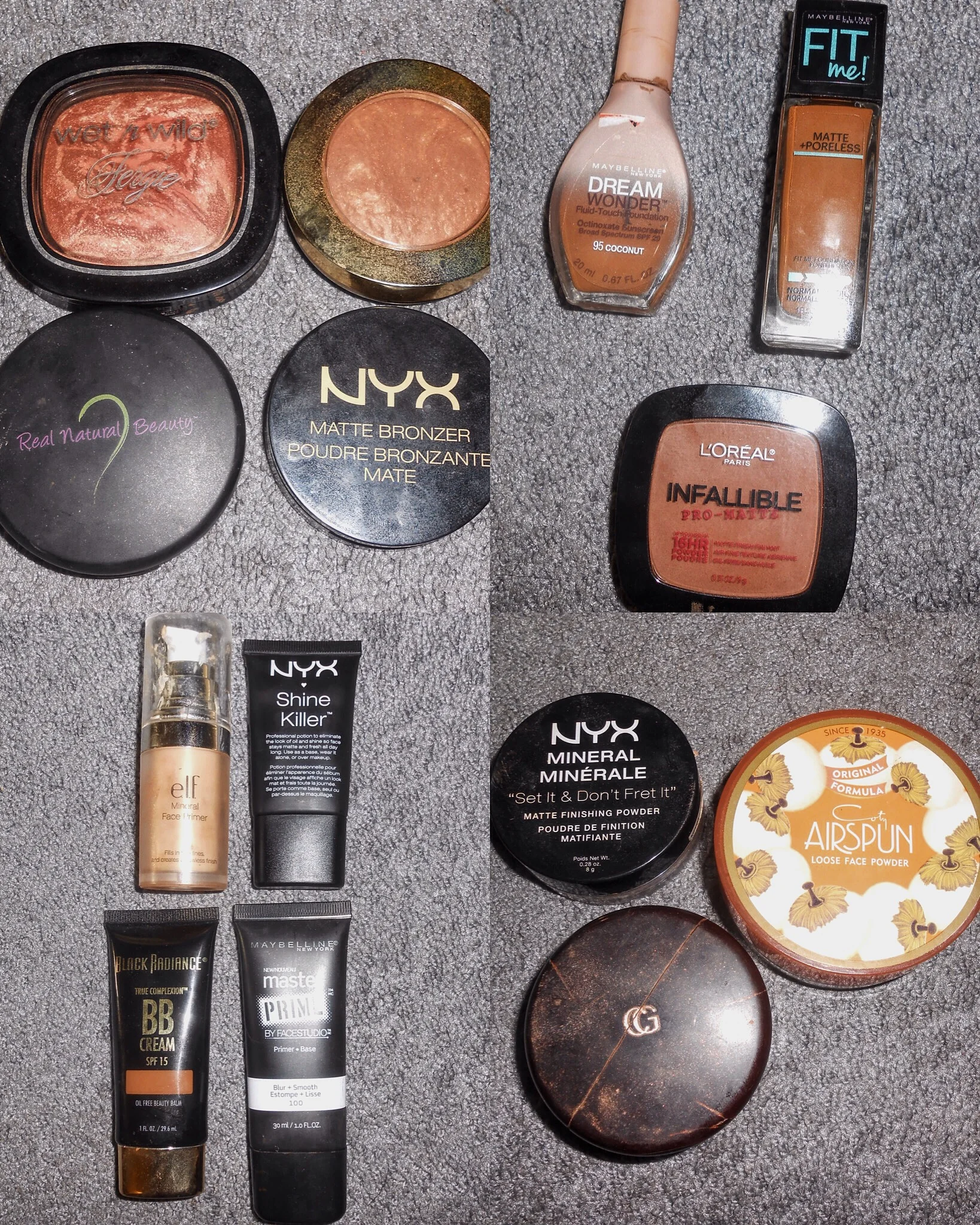 Top Left Corner... I love to combine different Bronzers together. I usually will add the NYX Matte Bronzer, Which has No Shimmer First and then put my other Bronzers on top of that. My Favorite are From Milani , Wet n Wild and Nolie Love . Bottom Left Corner... On Days that I don't really Feel like wearing a lot of make up (Which is Often) I will wear a Primer and BB Cream and call it a day. I Love the Black Radiance BB Cream, Because they have several Brown Shades to choose from and it helps to keep my skin protected during the day with SPF. My Favorite Primers have been the NYX Shine Killer, Maybelline Master Prime Smooth + Blur Primer and Elf Mineral Face Primer. I love the Elf Primer, because it adds an additional glow to what ever you put on top of it. Even before Bronzer!! Top Right Corner... Foundation and Powders... Having oily Skin some foundations I have found make me feel extra greasy (Not ok), But the Maybelline Fit Me Matte and Poreless and Maybelline Dream Wonder Fluid Touch Foundation have been my go to. Honestly a little bit goes a long way!!! My go to Powder has been the Loreal Infallible Pro-Matte. Bottom Right Corner... Setting Powders!!! The most important part about wearing makeup, is setting your face and making sure that you look amazing all day!! The NYX Mineral Set it and don't Fret it Powder has been my favorite for the past year, but then I discovered the Coty Airspun Powder recently and that one has been what I have used a lot lately. The Air Spun Powder keeps me Matte for most of the day, which is amazing because I use to have to do a Million Touch ups!! The Last setting powder is the Cover Girl Professional Finishing Power and it has a slight shimmer to it, so I use it after I set my Concealer Before I put on Bronzer to add a little extra Shimmer. When I get my You tube channel back up and running... I will show in a Video how I use everything :)