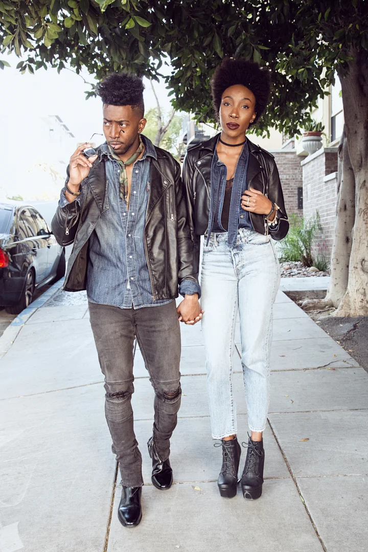 My look:Leather Jacket, Jeans and Bodysuit: H&MJean Shirt and Charm Bracelet: CabiShoes: 10 dollar mall2 finger ring: Lady Cromer jewelryChocker: Agaci Trey's look:Leather Jacket: Urban OutfittersShirt: Levi's Pants: Pacsun Shoes: Calvin Klein