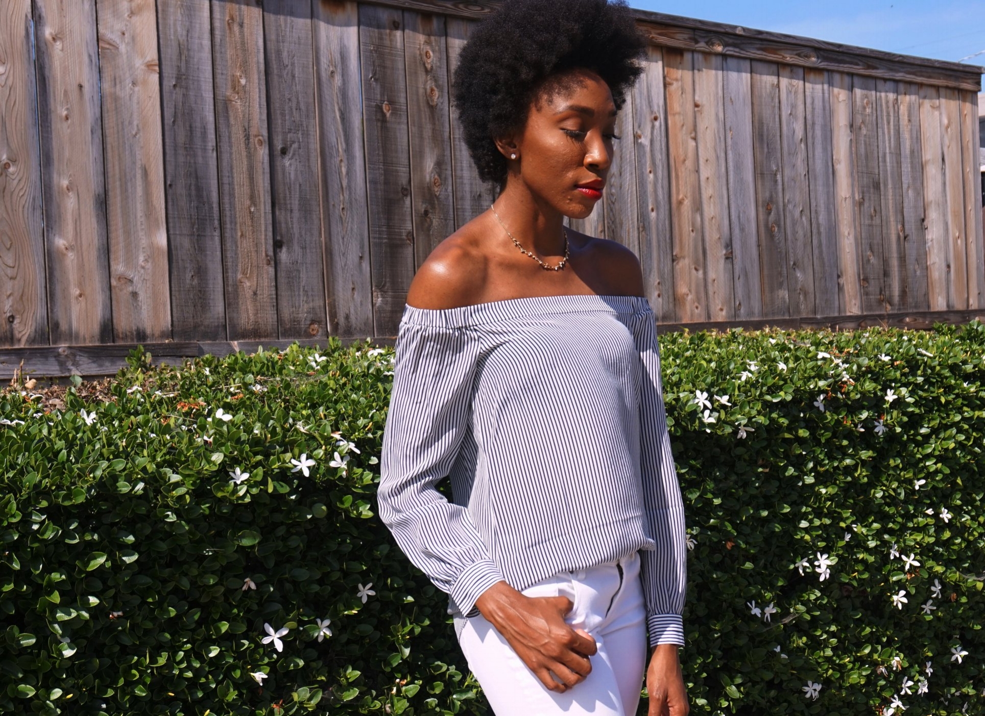 This off the shoulder top from Cabi was something that I was super excited to receive recently. It is part of their new arrivals part 2 collection!!! You can pre-order it now, but it's not officially available until May. I have a feeling it's going to be super popular!!! It's so easy and free flowing!! I paired it with white cropped pants that are also from Cabi .