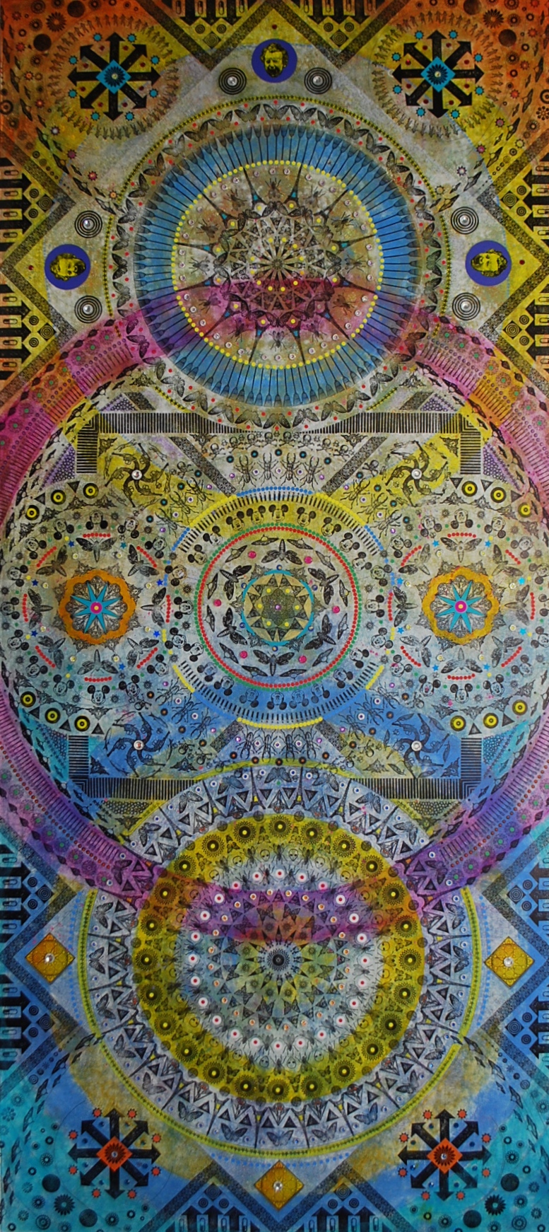 "Excess," 2016 Acrylic, rubber stamped ink, and collage on panel. #6 x 84 inches.