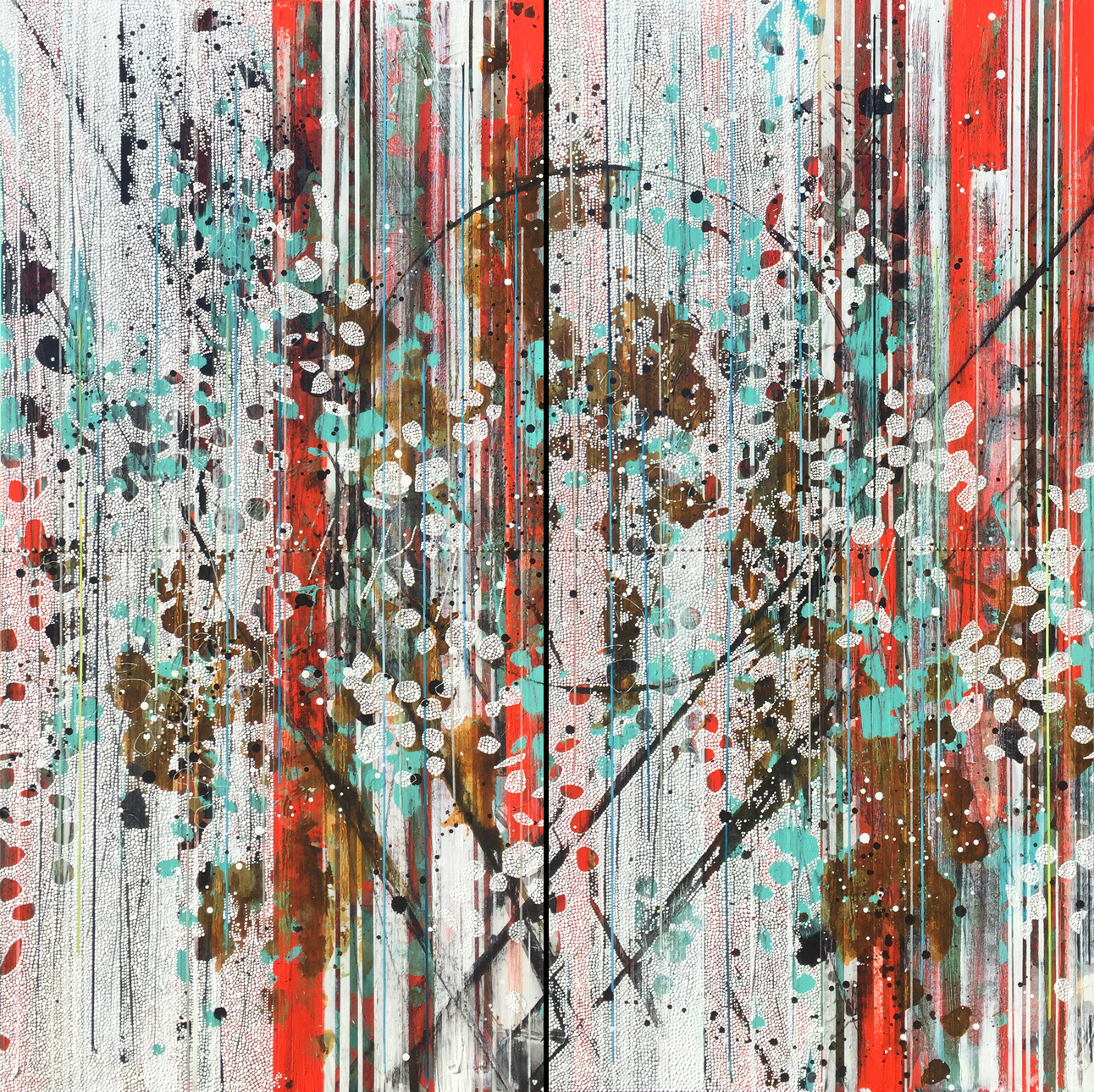 I wanted the wanting (Botanical) / Nina Tichava / December 2015 / Diptych, 60"h x 60"w x 2"d combined / Painting and collage on panel / Unframed with bare wood edge