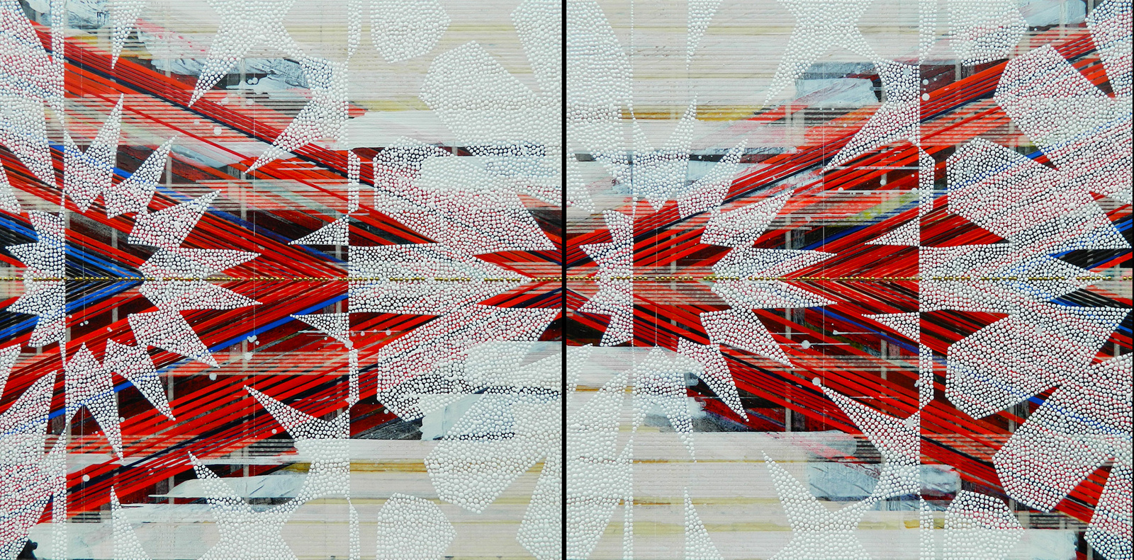 Scale and feather, bruise and mist / Nina Tichava / April 2016 / Diptych, 24"h x 48"w x 2"d / Painting and collage on panel / Unframed with bare wood edge / Title from: Nayyirah Waheed / Available in Santa Fe