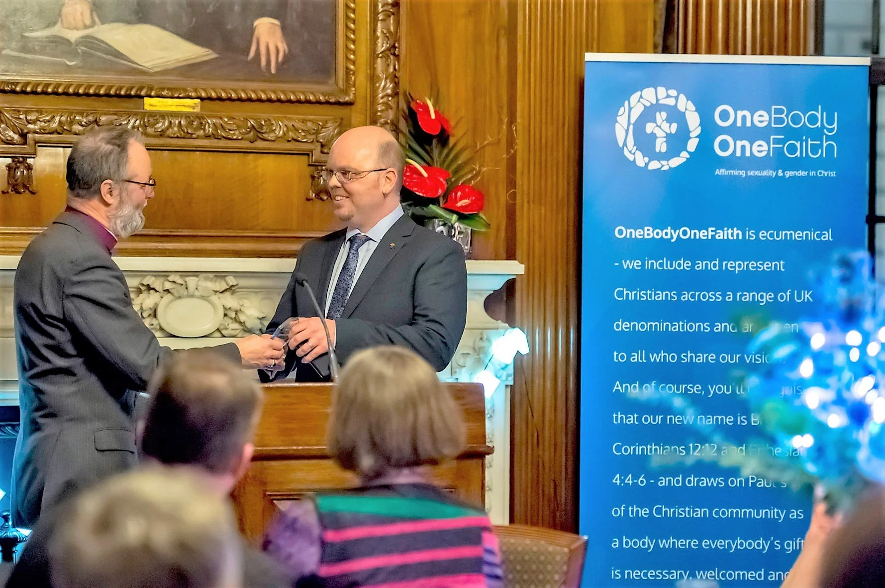  L-R: Bishop of Buckingham Rt Revd Alan Wilson presents a Rainbow List award to Warren Hartley, co-founder of the first Open Table community in Liverpool, at the launch of OneBodyOneFaith, Tuesday 14th February 2017. PHOTO: Liz Finlayson/Vervate. 