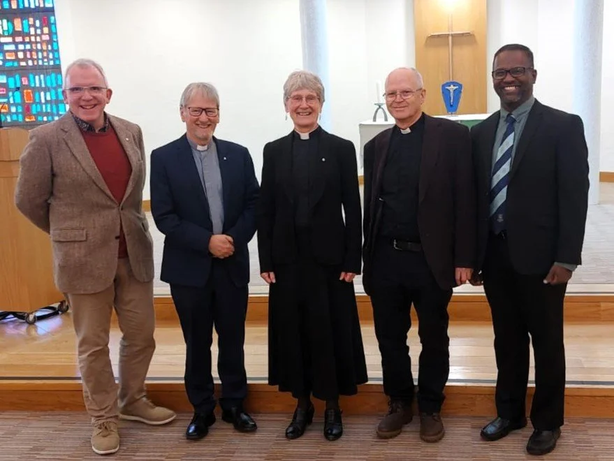  LEFT TO RIGHT: Kieran Bohan, Director of the Open Table Network; Superintendent of Liverpool South Circuit Revd David Goodwin; retiring Chair of Liverpool District Revd Dr Sheryl Anderson; Revd Peter Hughes, minister of St James’ Woolton (where Kieran has been a member since 2022); and fellow trainee minister Obeth Thevanesan, at Liverpool Hope University Chapel on 9th June 2024. 