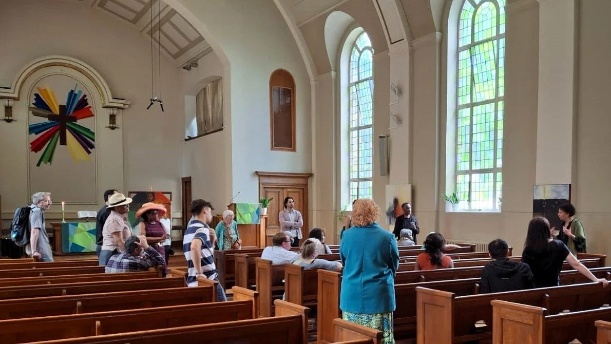  The sanctuary of the American International Church, London, with Elizabeth Gray-King's artwork on display, and the artist [right] speaking to people who gathered for the exhibition launch. Elizabeth preached and OTN Patron, URC General Secretary Revd Dr John Bradbury introduced her.  WATCH HERE  [60 mins] 