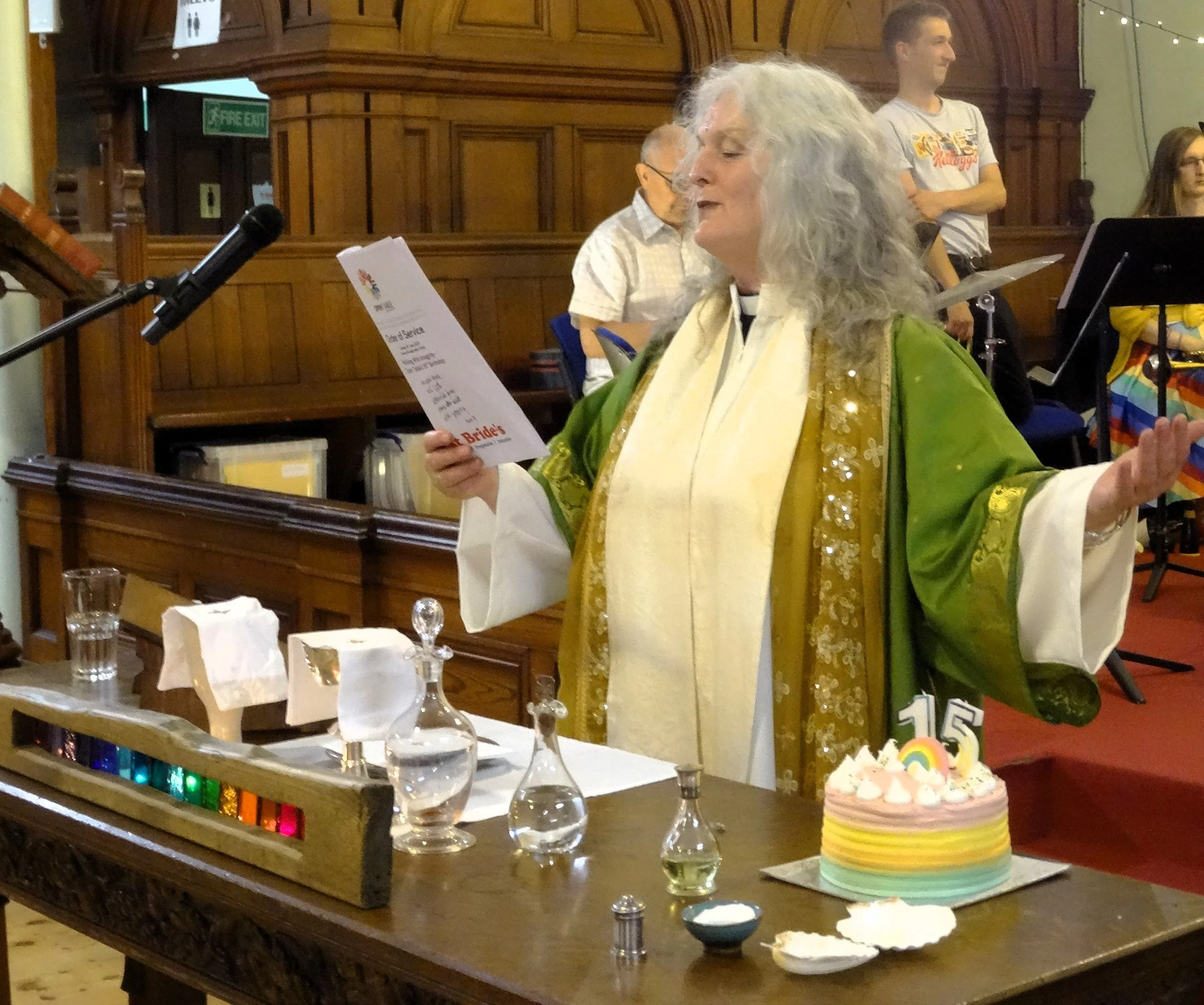  Revd Cate Jacobs giving the blessing at the communion service for Open Table Liverpool’s 15th birthday in Jue 2023, the week after she was ordained as a Church of England priest. PHOTO: Scarlett Valentine. 
