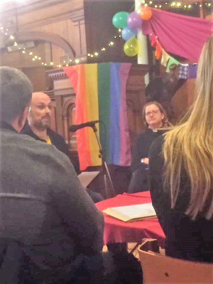  Andrew Bullock from Liverpool Queer Collective (left) was among the story-tellers. Anna Macham, Priest-in-Charge of St Philip's Camberwell (right), sang solo  the hymn from where we got our motto 'Come As You Are' , and also shared also her story.  