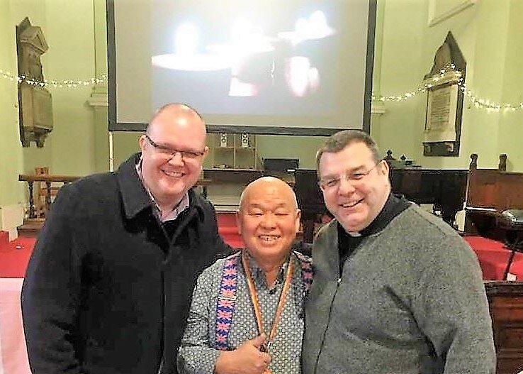  Nick Campbell from Open Table Manchester with Sam from Malaysia and Archdeacon Mike McGurk 