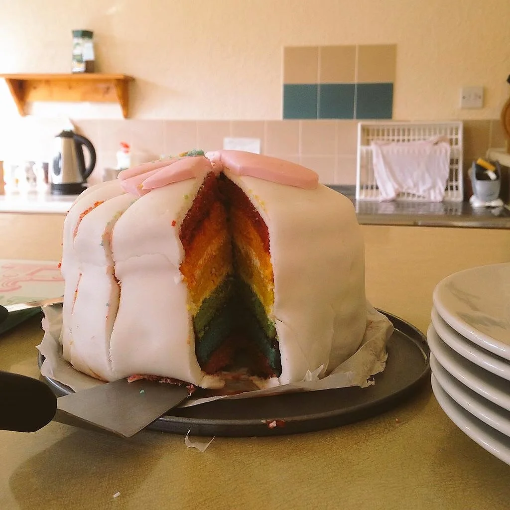  Home-made rainbow cake at tea-time 