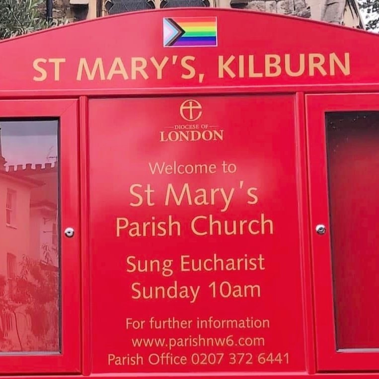  The Progress Pride flag at the top of signage at St Mary’s Kilburn 