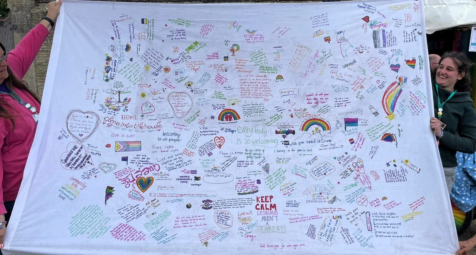  The OUT at Greenbelt team invited people to decorate an altar cloth for their communion service at the festival. Click on the image to view a larger version. PHOTO: OUT at Greenbelt. 