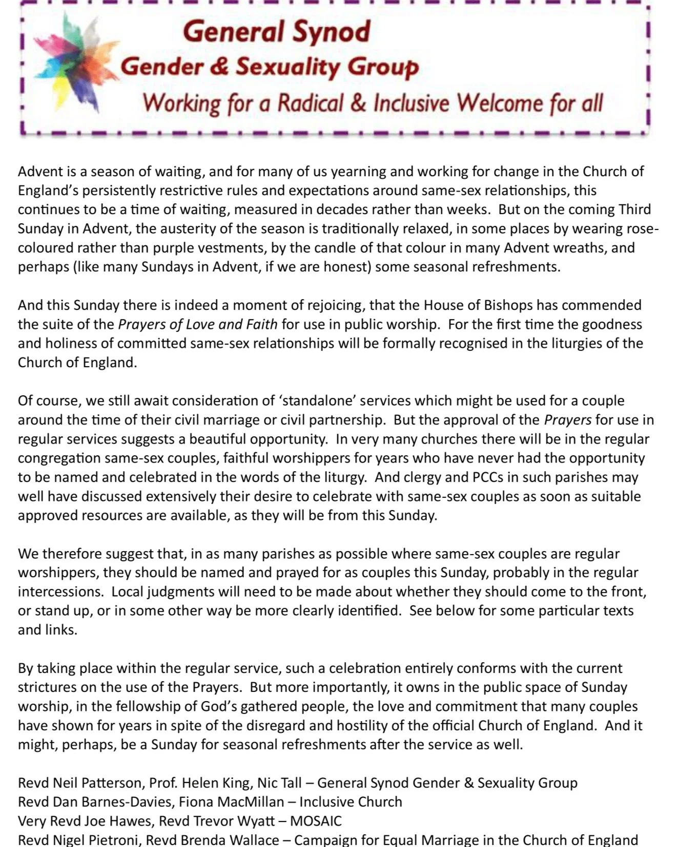   ABOVE:  Appeal from the Church of England Gender & Sexuality Group [GSGSG] and partner organisation for churches to use Prayers of Love & Faith during regular worship this Sunday.   BELOW:  Extract from the Appendix to the GSGSG statement with suggested prayers that could be used to pray for every same-sex couple in a church community.    DOWNLOAD the GSGSG appeal and appendix here   .  