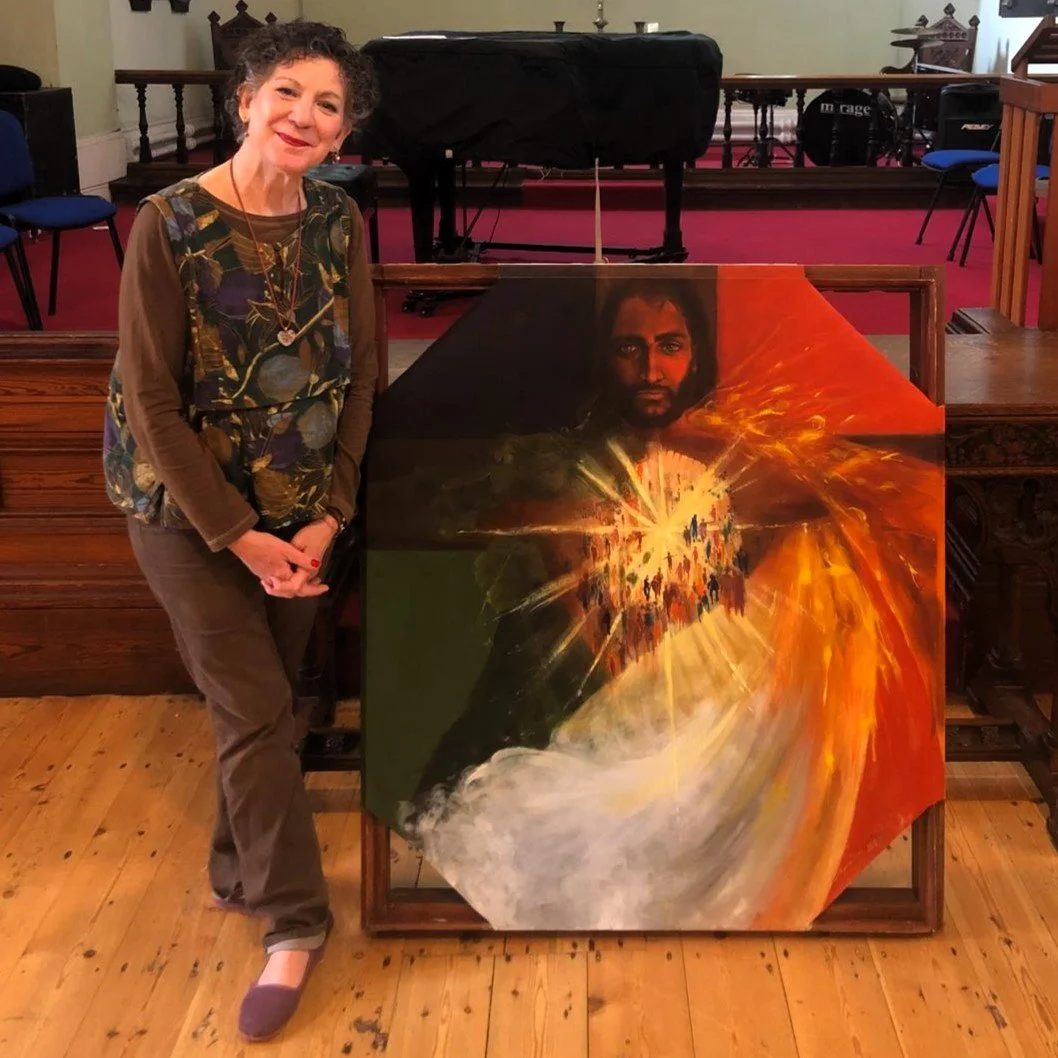  Artist Elizabeth Gray-King with her painting   Nativity Tancred  , which she delivered to St Bride's Liverpool last month at the end of the year-long   Open To All   touring exhibition. Click on the image to enlarge it. 
