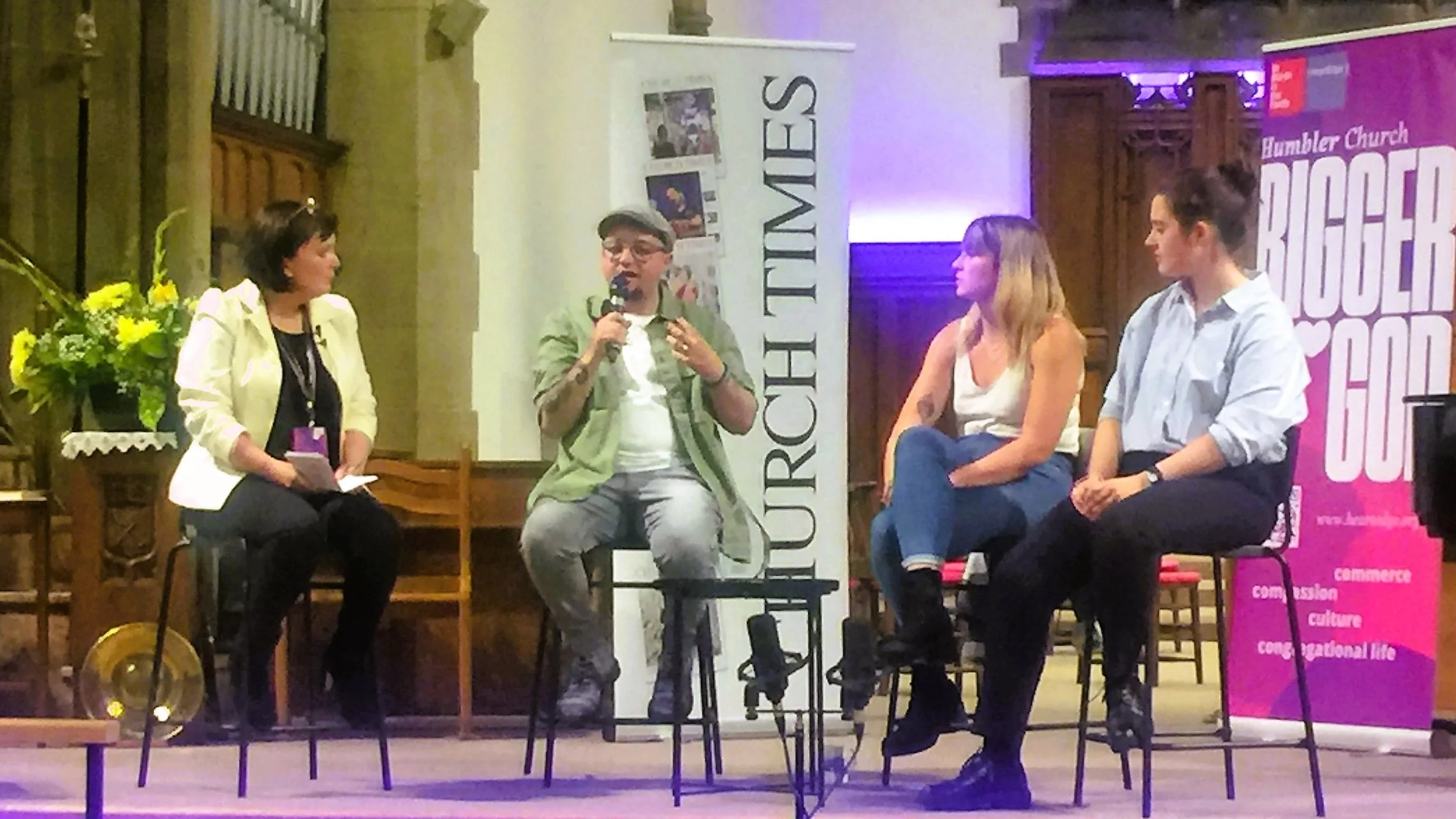  LEFT-RIGHT: Theology Slam Co-Host Revd Sally Hitchiner, Associate Vicar for Ministry at St Martin-in-the-Fields, London, with finalists Revd Alex Clare-Young, Victoria Green and Amanda Higgin, answering audience questions while the judges considered their verdict. 