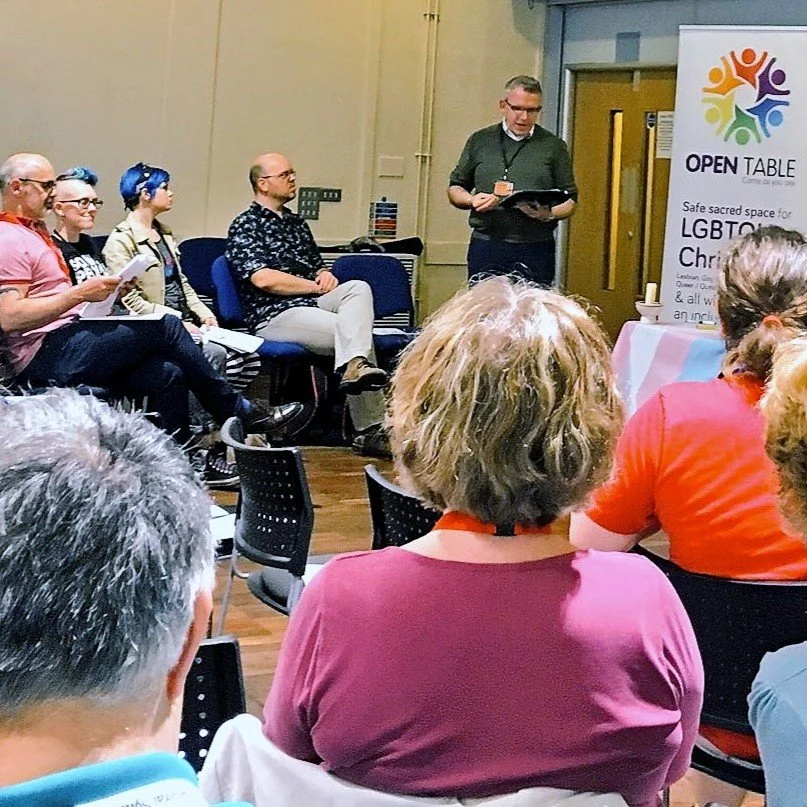 L-R: Revd Andrew Foreshew-Cain, Rah Carter and Han Froemming from Open Table London, Warren Hartley and Kieran Bohan from Open Table Liverpool during the first celebration of Open Table at the Church of England’s governing body, General Synod. 