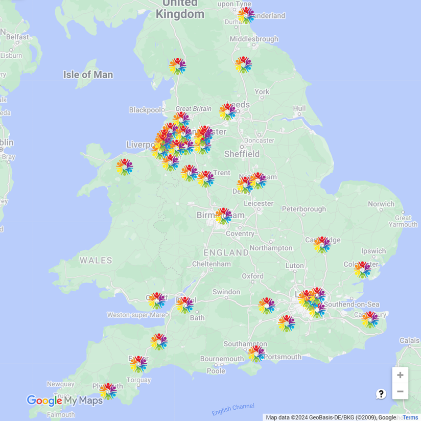  OTN communities map of England and Wales June 2024 with an Open Table logo marking the locations of  our communities . 