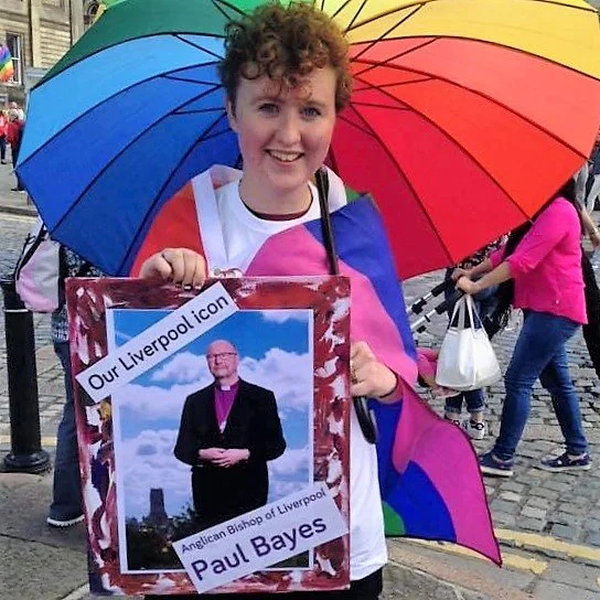  Jen carrying our Liverpool icon, Anglican Bishop of Liverpool Paul Bayes, at Pride on Saturday 30th July 2016. 
