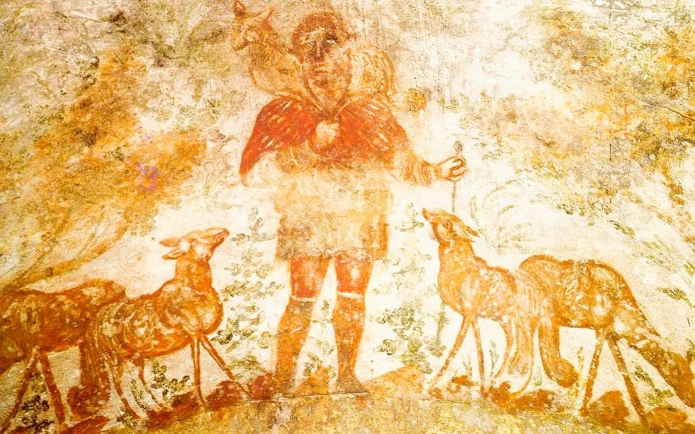  Jesus as the Good Shepherd from the early Christian catacomb of Domitilla/Domatilla (Crypt of Lucina, 200-300 CE), from  Wikimedia Commons . 