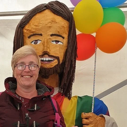  Gail Yorke, leader of Open Table Warrington, with a puppet called Rainbow Jesus at Blackpool Pride 