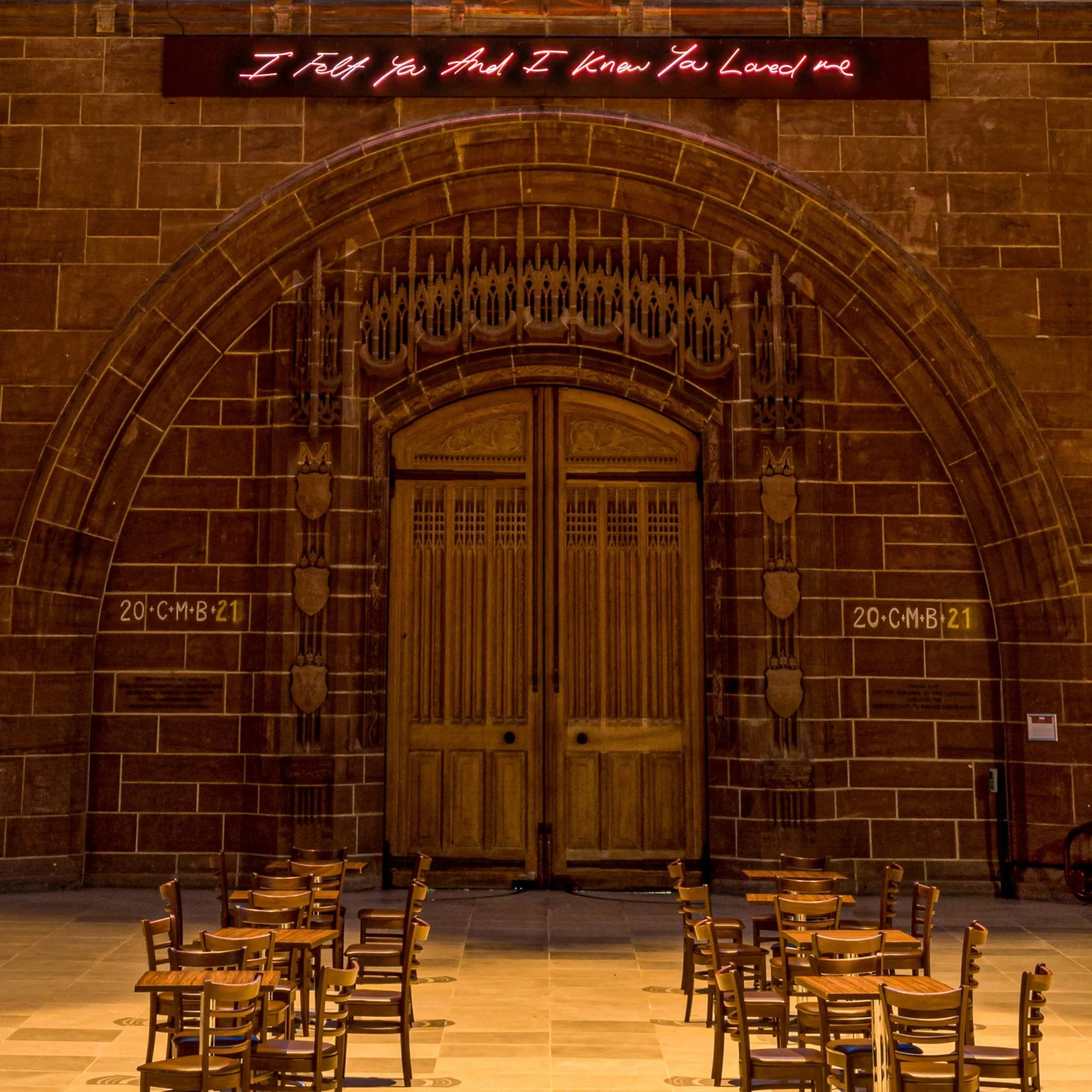  The Well by the West Door of Liverpool Cathedral, with Tracy Emin’s neon installation   For You   above the door: the words ‘I felt you and I knew you loved me’ in pink neon. PHOTO:  Gabriel Giannelli . 