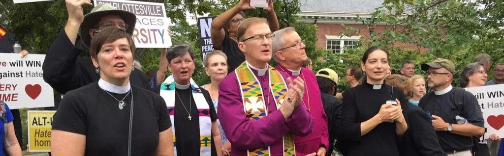  Bishop Shannon of Virginia with clergy colleagues protesting against white supremacist violence in Charlottesville, August 2017. PHOTO: Diocese of Virginia 