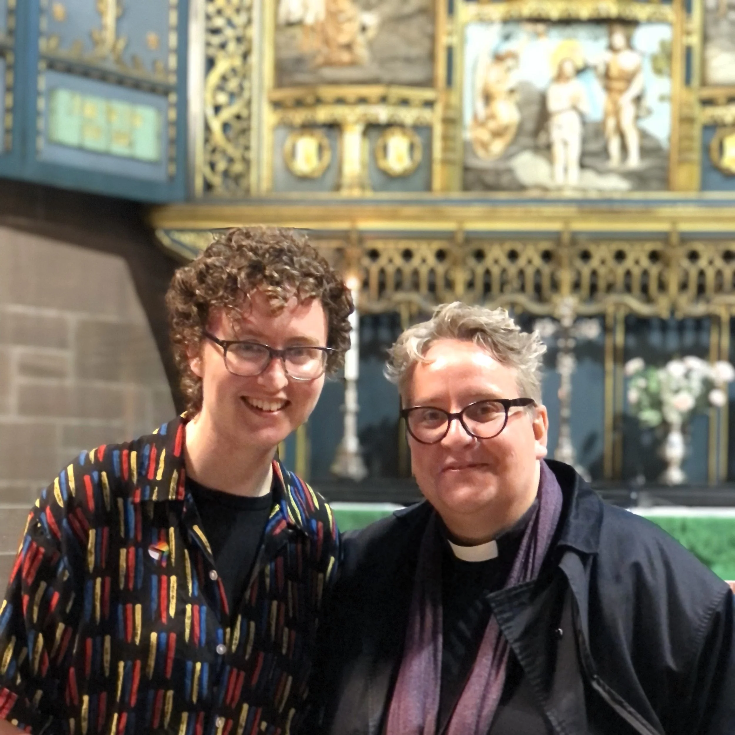  Verger Jen Williams in the Lady Chapel of Liverpool Cathedral with Revd Canon Dr Ellen Loudon, Director of Social Justice for the Diocese of Liverpool and Canon Chancellor of Liverpool Cathedral, who offered  the first reflection in the Pride service  on Sunday 30th July 2023. 