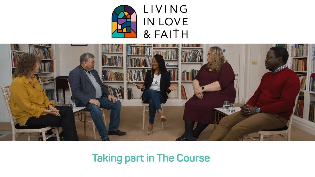  Presenter Joanna Adeyinka-Burford [centre] invited four people to share their experience of taking part in the  Living In Love And Faith  course: [L-R]  Jayne, a curate from Kent; James, a vicar from Bristol; Sarah, OTN Co-Chair, who is also the director of an HR consultancy; and Dele, a vicar from Birmingham. 