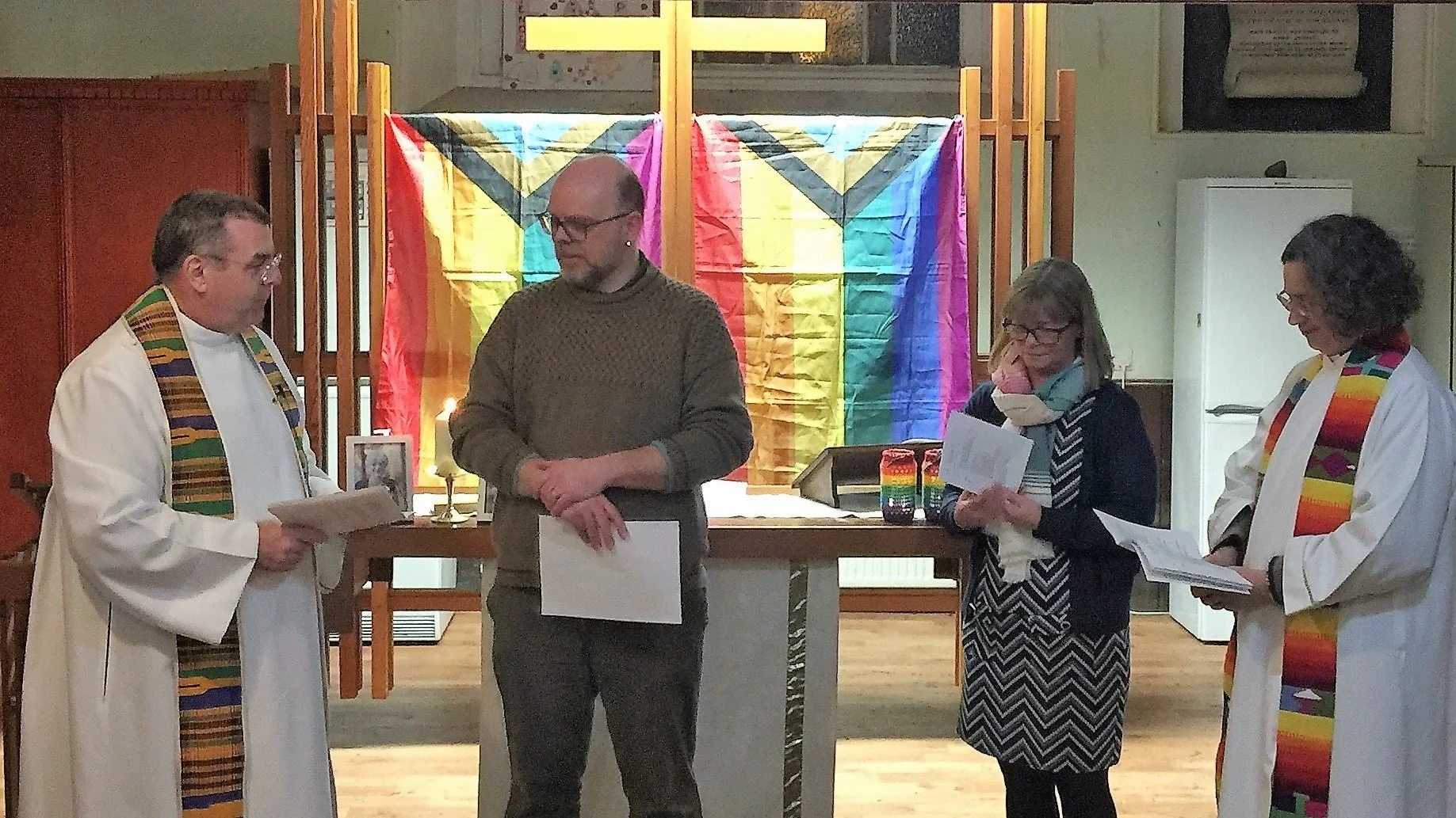  L-R: Archdeacon Mike commissions Warren as a Local Missional Leader with support from Sam Stanford, Vocations Coordinator and Revd Dr Miranda Threlfall-Holmes, Rector of the parish where Open Table Liverpool meets, and incoming Acting Archdeacon of Liverpool. 