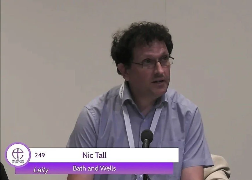  Nic Tall, member of the Church of England General Synod House of Laity for the Diocese of Bath and Wells, pictured speaking at Synod in July 2022. 