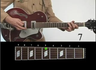 Features on-screen fret board with colored markers indicating exact finger placement.