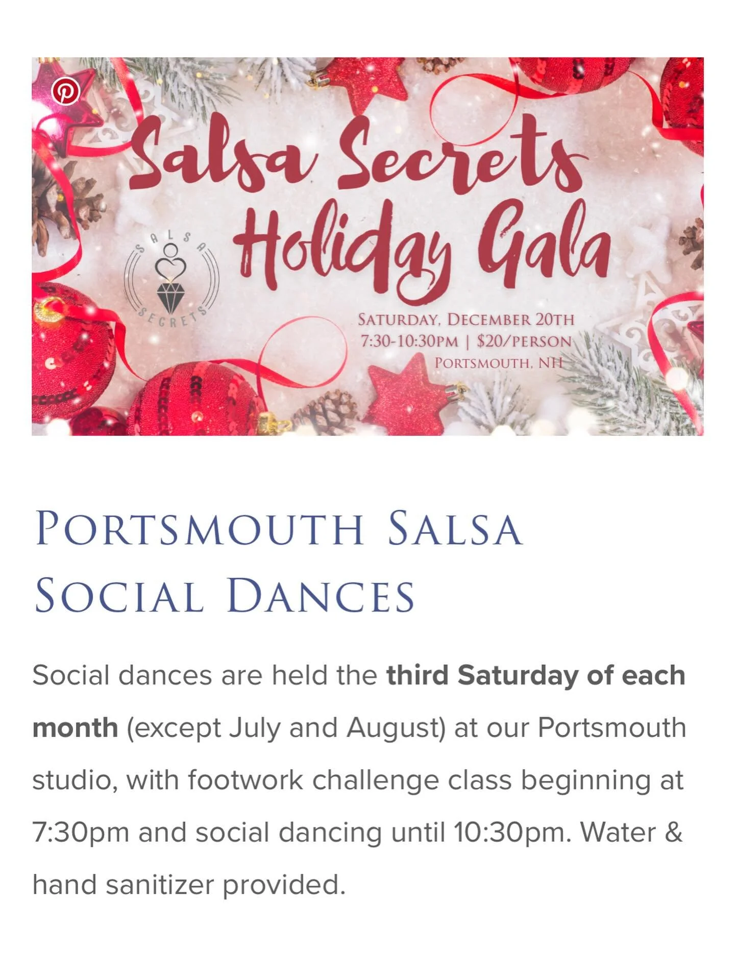 Tonight, December 20th from 7.30 - 10.30pm. Social Dance! Social dances are held the third Saturday of each month (except July and August) at our Portsmouth studio, with footwork challenge class beginning at 7:30pm and social dancing until 10:30pm. W