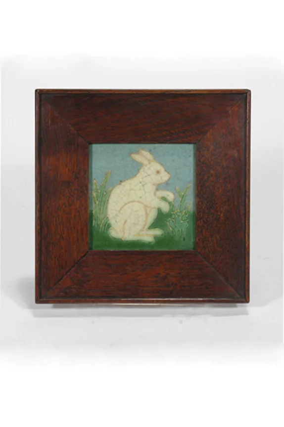 Grueby Pottery framed rabbit and cabbage tile, 4" x 4", $SOLD