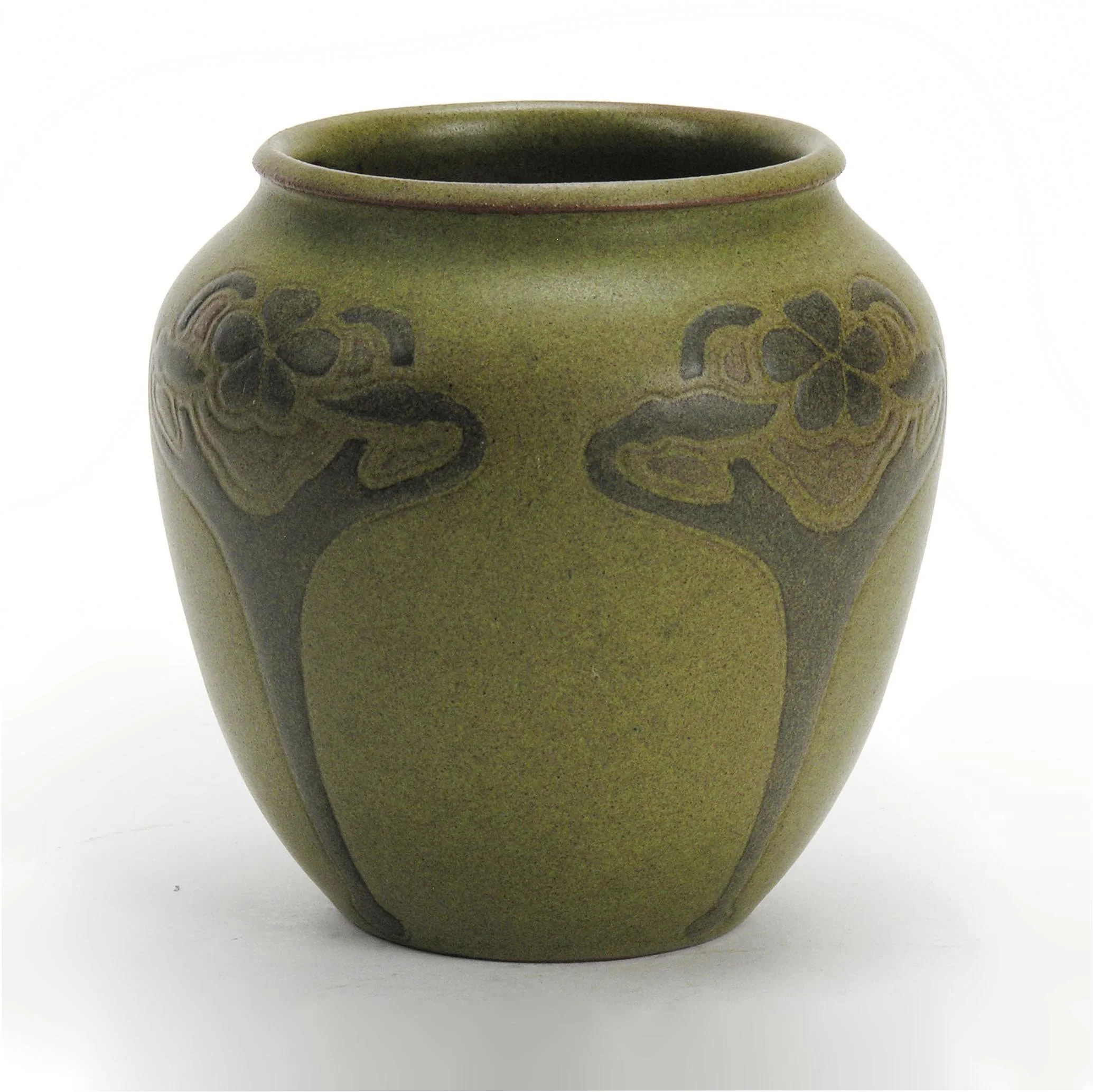 Marblehead-Pottery-5in-art-noveau-floral-olive-green-vase-B.jpg