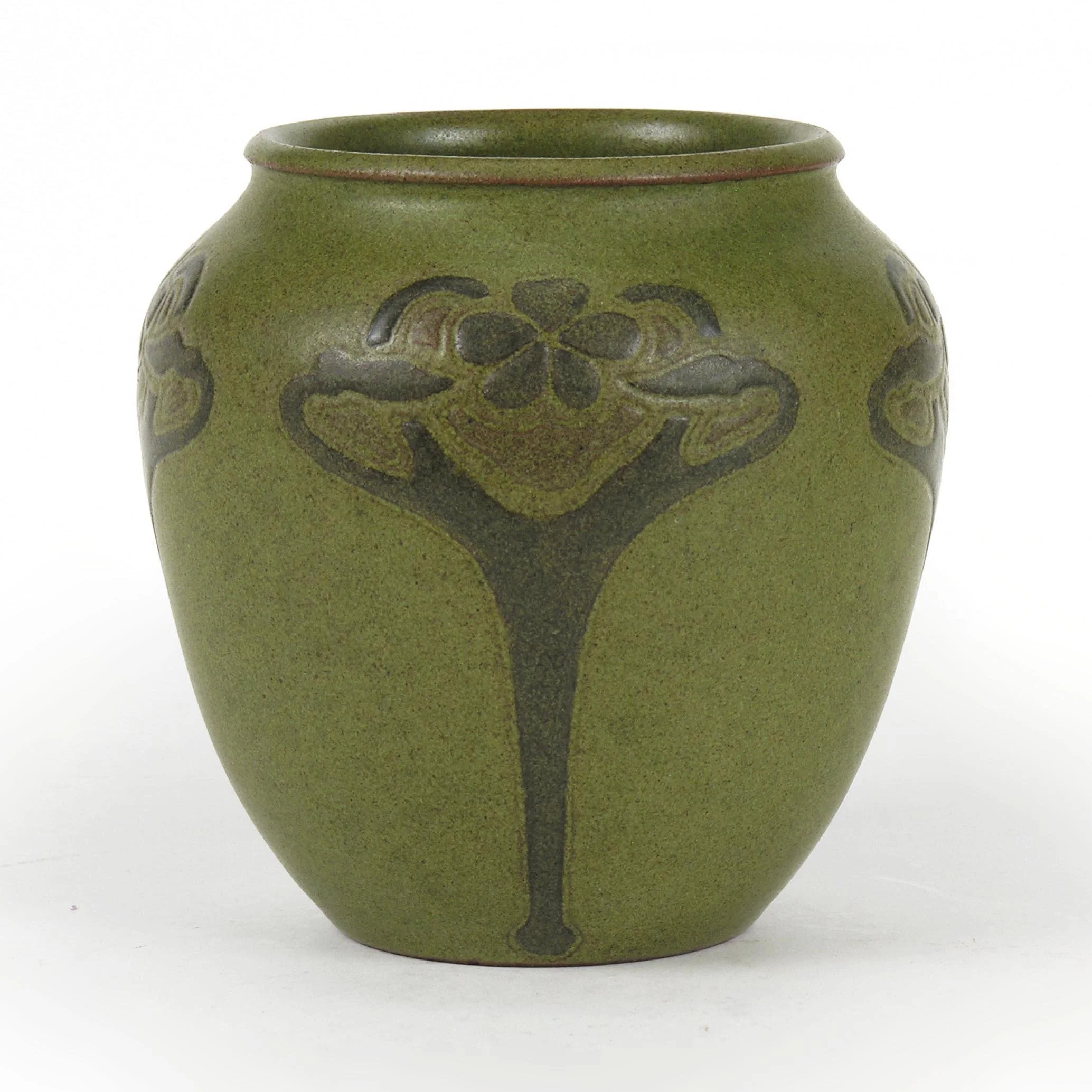 Marblehead-Pottery-5in-art-noveau-floral-olive-green-vase-A.jpg