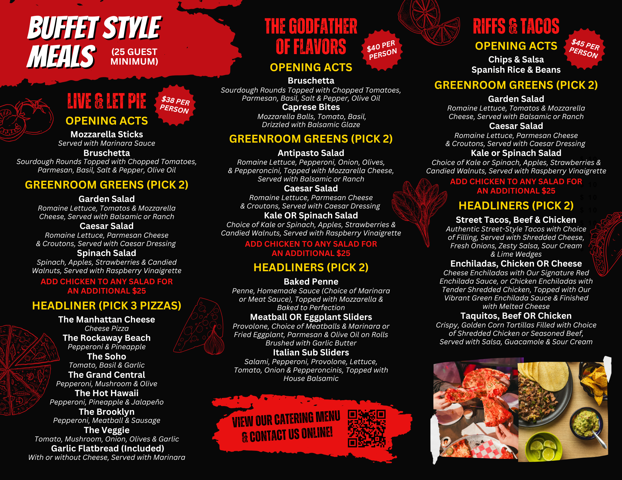 Rock N Roll Pizza Bar party catering menu.