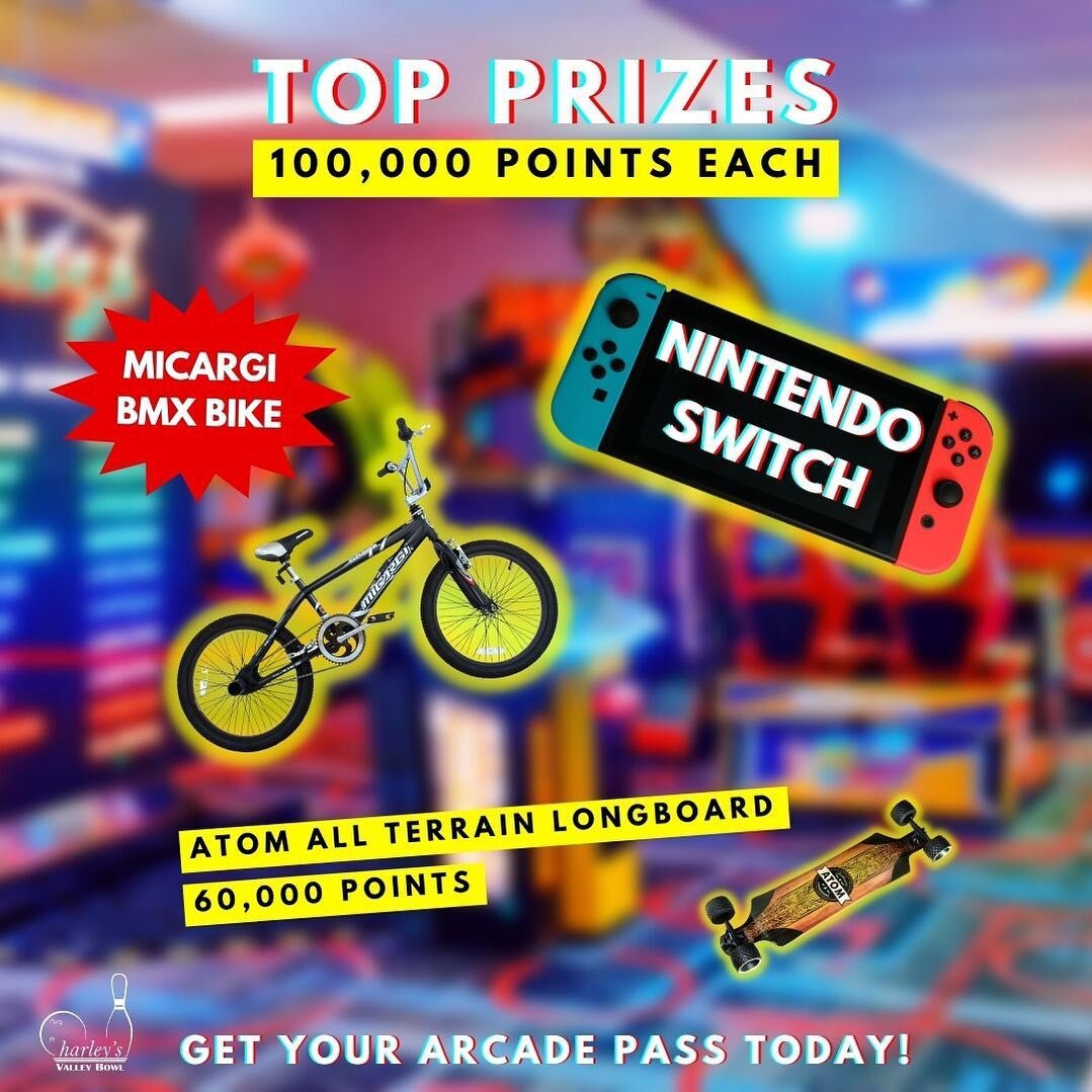 Did you know that the Harleys Valley Bowl location in Simi Valley has these awesome prizes that you can win in the arcade? 🤩 ask our attendants about an arcade pass and start winning your way to a Nintendo switch or BMX bike!
*only at Harley&rsquo;s