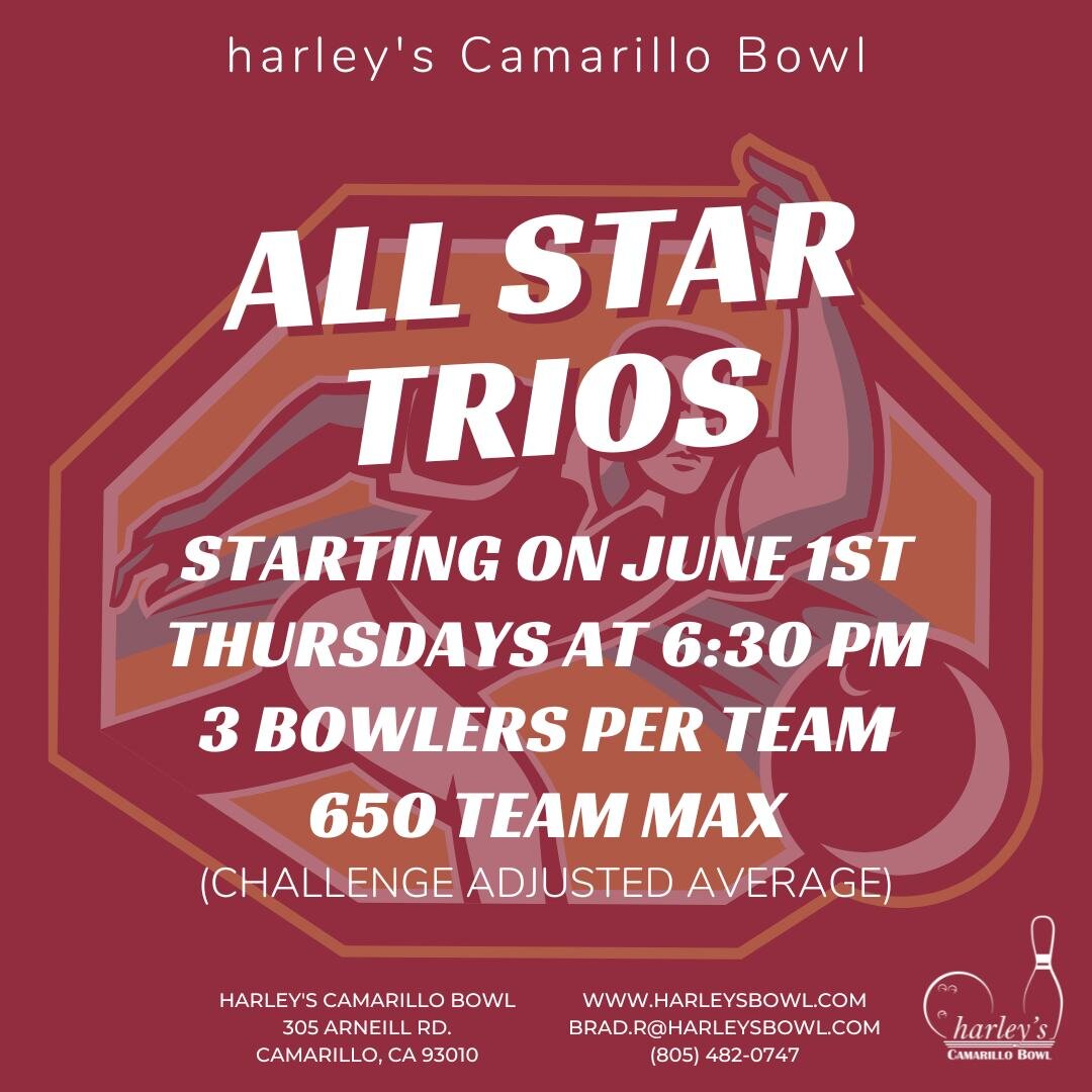 Featured leagues at #harleysbowl 🤩🎳 With the summer league season approaching, we wanted to share a few of the fantastic leagues you can join! Today's featured leagues are: All Star Trios at Camarillo Bowl, Wanderers League at Simi Bowl, and Aces H