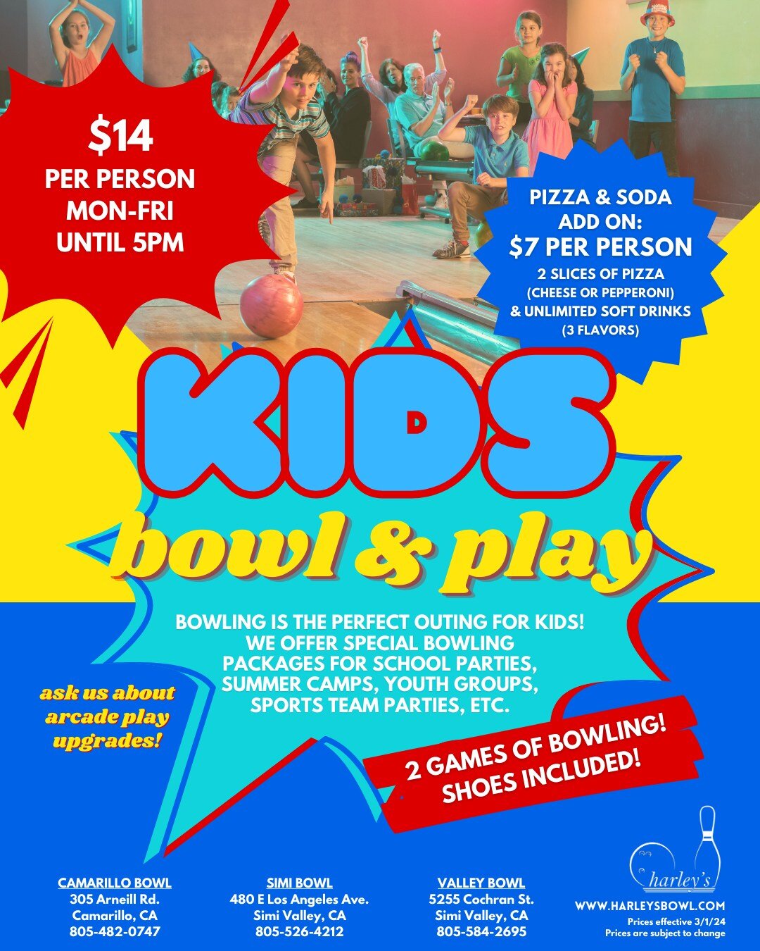 Looking to strike up some summer fun? Book your kid's group or team at harley's! 🎳💥 

Kid's Bowl &amp; Play packages are great for school parties, summer camps, youth groups, sports team parties, and more. Contact your local harley's center to book