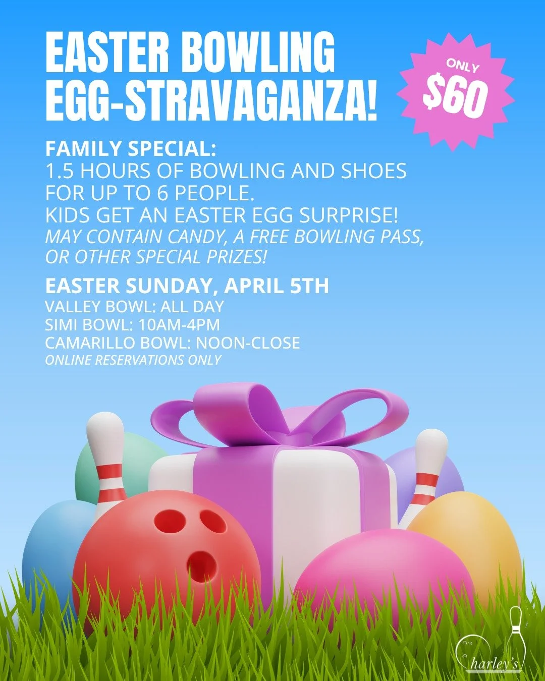 Hop on over harley's this Sunday for our annual Easter Bowling Egg-Stravaganza! 🐣 Get 1.5 hours of bowling &amp; shoe rentals for up to 6 people for only $60&ndash;that's less than $10 per person for a full lane! 🎉 Plus, kids get a special Easter e
