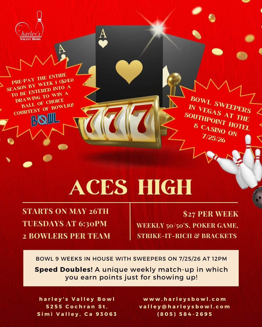 Calling all high rollers and league bowlers alike! &spades;️🎳 Whether you want to bet on yourself in our Aces High Vegas league, strike up some fun in our 9's or Bust nine-pin no-tap league, or show off your skills in harley's Invite, we have someth