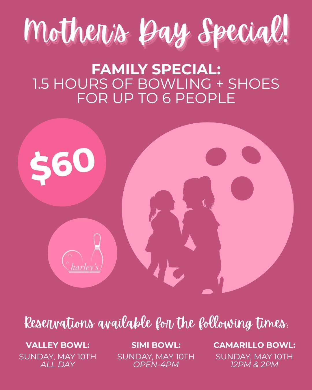 Moms just wanna have fun! 🎉 We have everything you need for the perfect Mother's Day celebration full of laughs, memories, and family fun! 🎳🍕🥂

Reserve your lane online now for $60 for up to 6 people (only $10/person for a full lane)! Shoes inclu