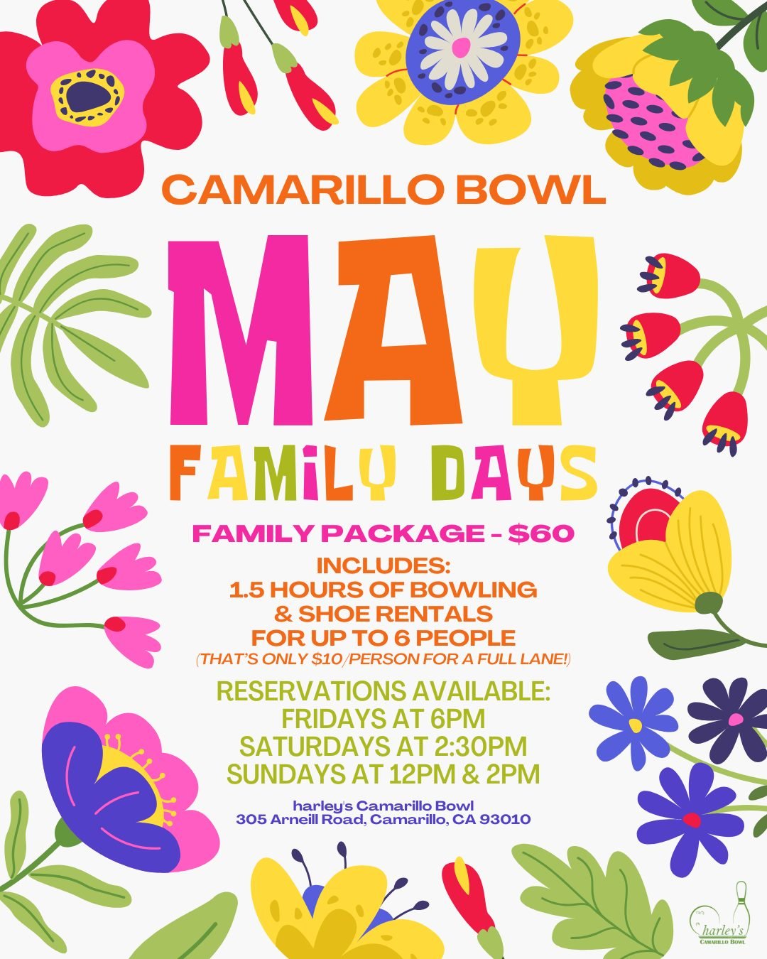 Kick off your summer vacation with family fun every weekend this month at Camarillo Bowl! ☀️

For just $60 per lane, enjoy 1.5 hours of bowling + shoe rentals for up to 6 people (that&rsquo;s only $10/person for a full lane)! 🎳

Reservations availab