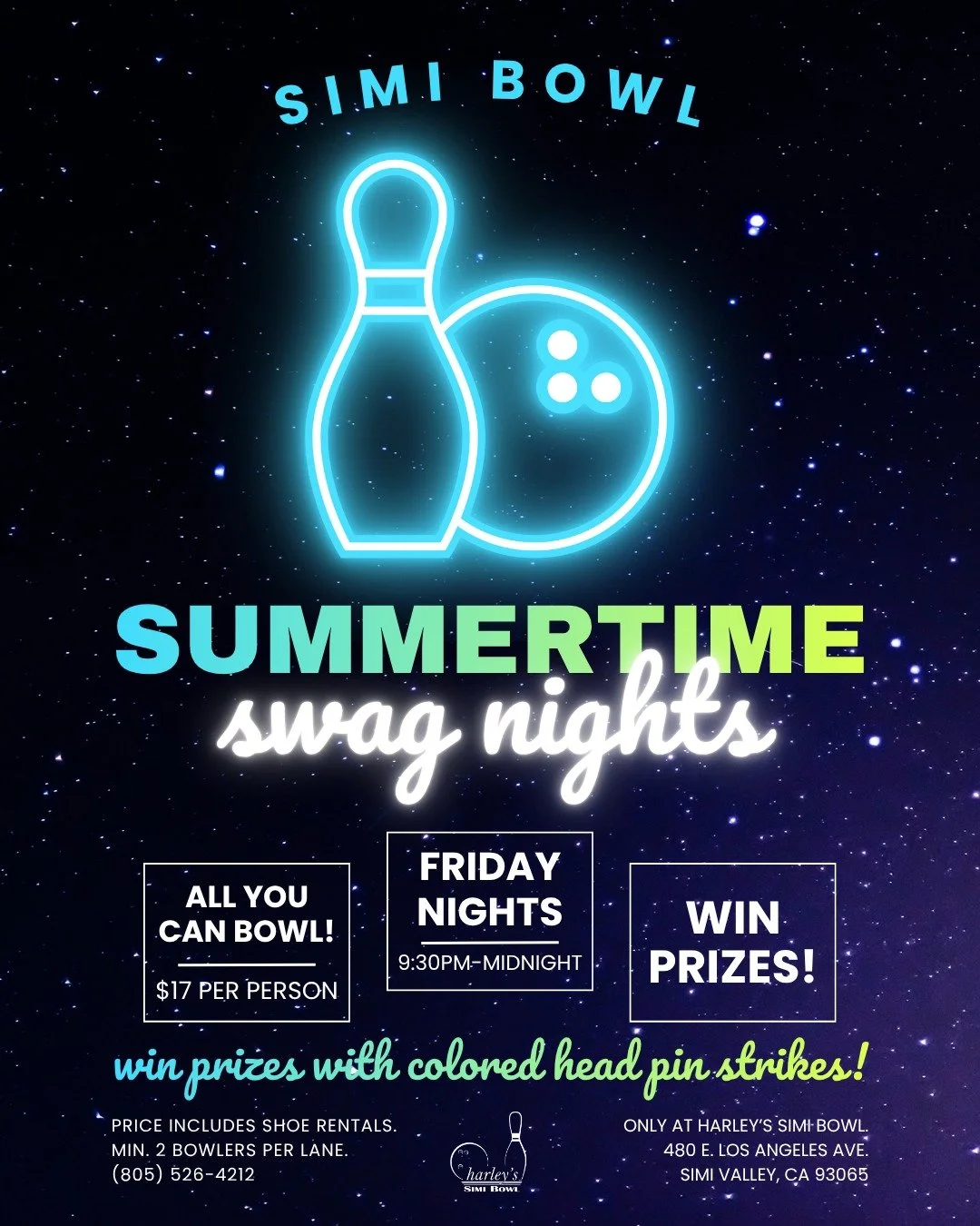 Friday nights just got an upgrade at harley&rsquo;s Simi Bowl with our NEW Summertime Swag Nights! 🌴🔥

🎳 ALL-YOU-CAN-BOWL
🤩 $17 per person
👟 Shoe rentals included
🎉 Win sweet prizes!
🌙 9:30pm-Midnight on Fridays
📍 Only at harley's Simi Bowl (