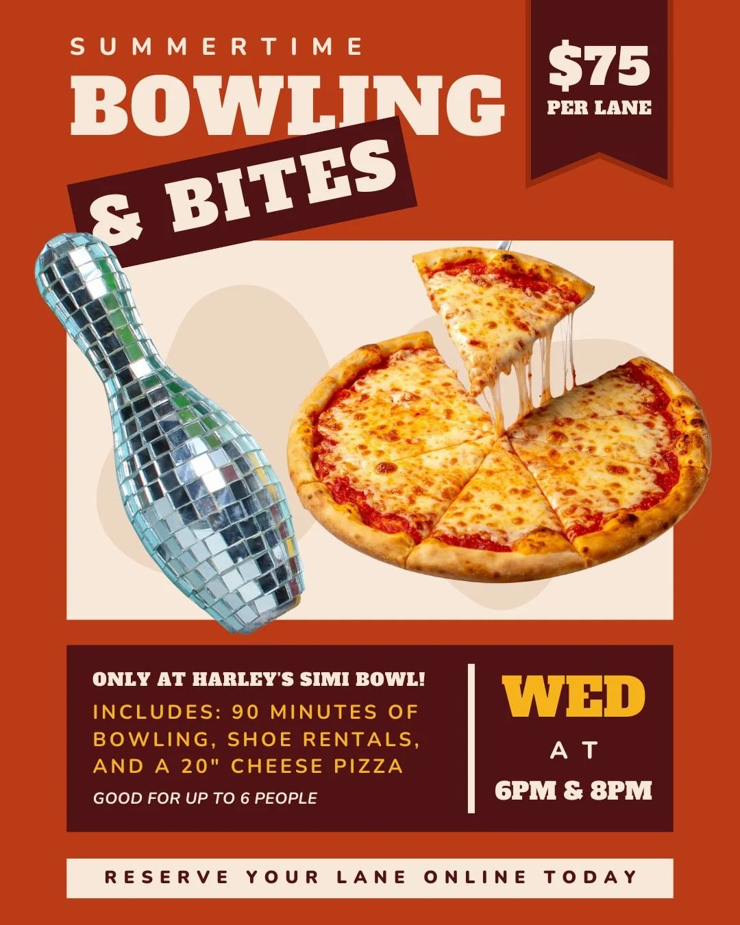 Long summer evenings were made for knocking down pins and sharing slices! And we&rsquo;re making it even easier for you to strike up some fun this summer with our new Bowling &amp; Bites Special, only at harley's Simi Bowl! 🪩✨

Package includes:
🎳 