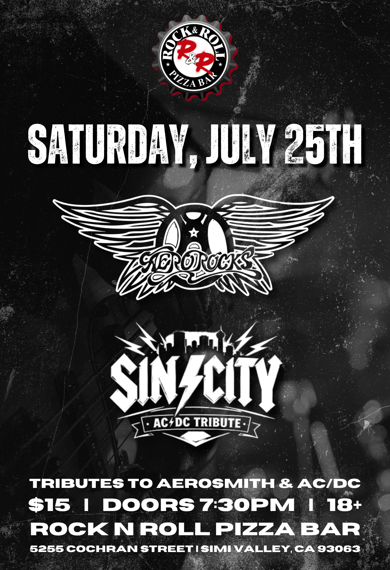 Live music at Rock N Roll Pizza Bar, Simi Valley with tributes to Aerosmith and AC/DC