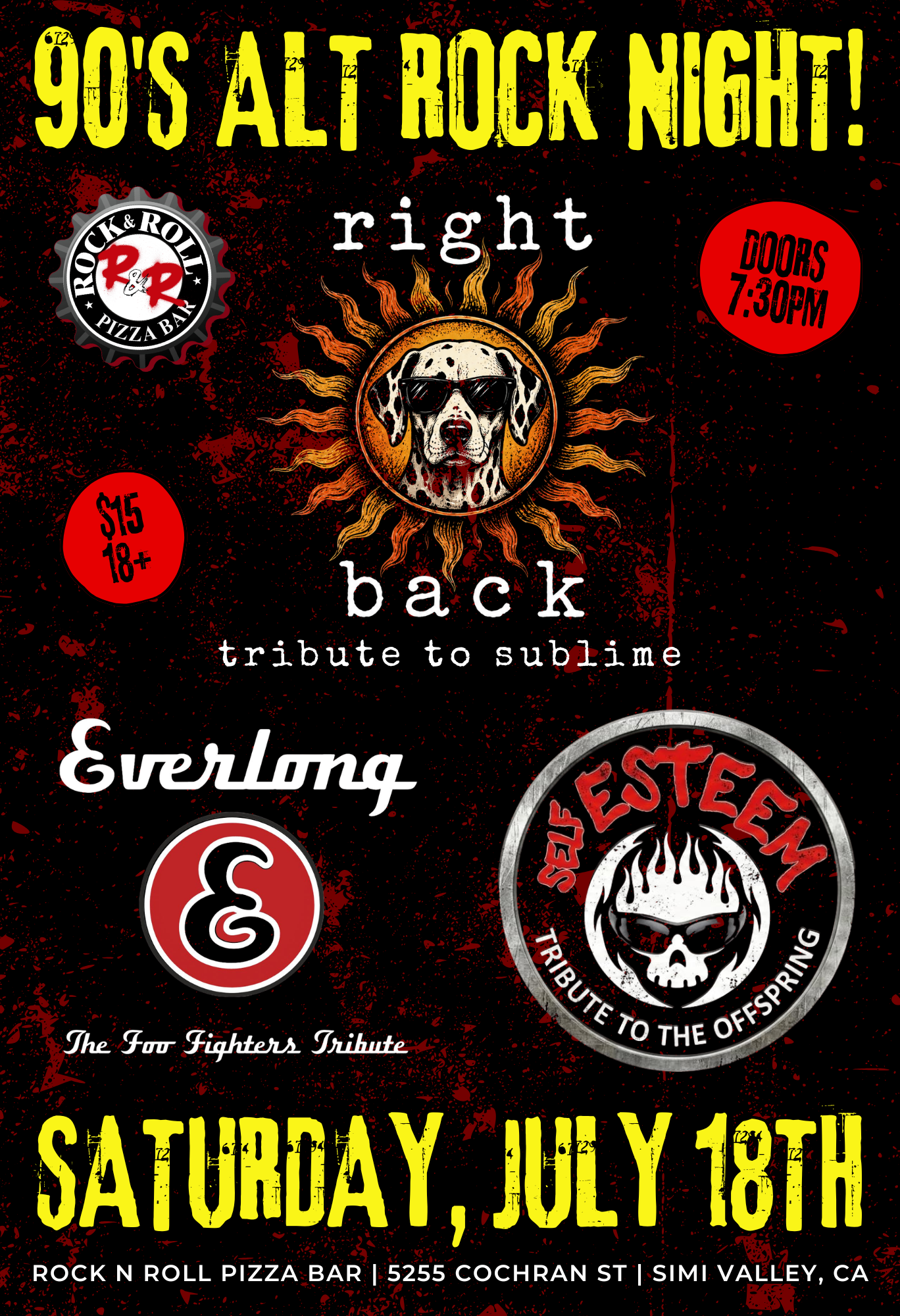90s Rock night at Rock n roll pizza bar with tributes to Sublime, Foo Fighters and Offspring