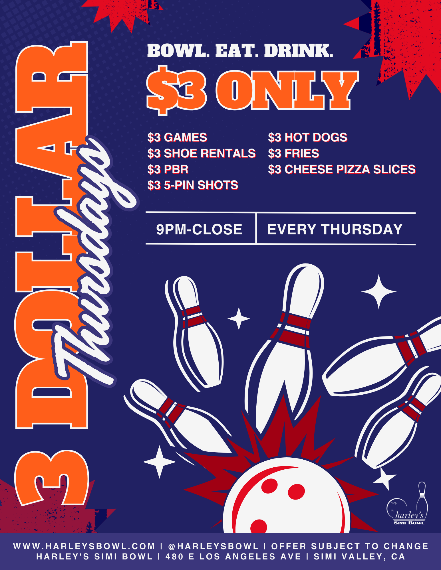 harley's Simi Bowl $3 Thursdays. $3 games of bowling, bar specials and food deals. Simi Valley nightlife.