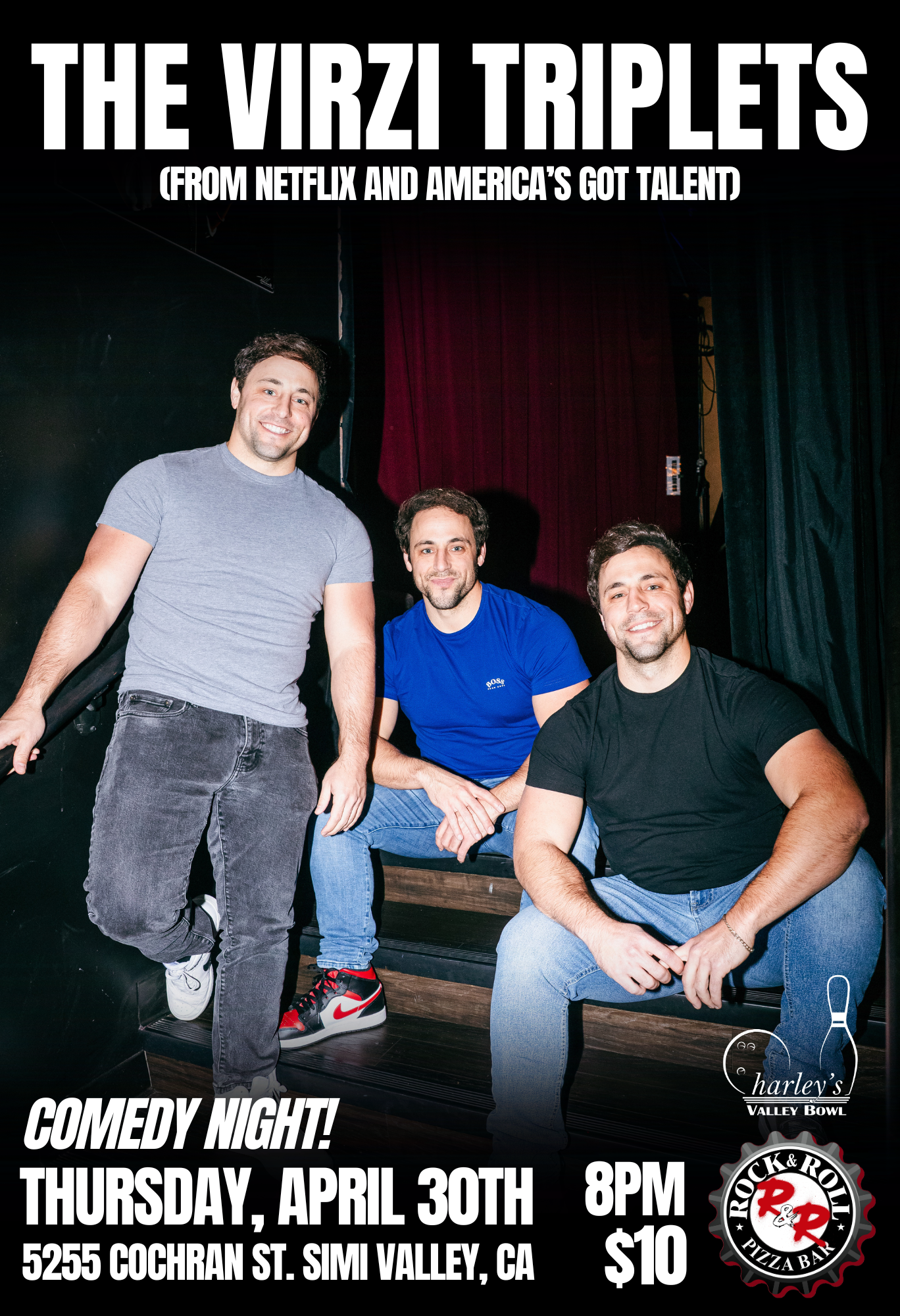 Comedy Night with the Virzi Triplets, live comedy show in Simi Valley, Rock N Roll Pizza Bar