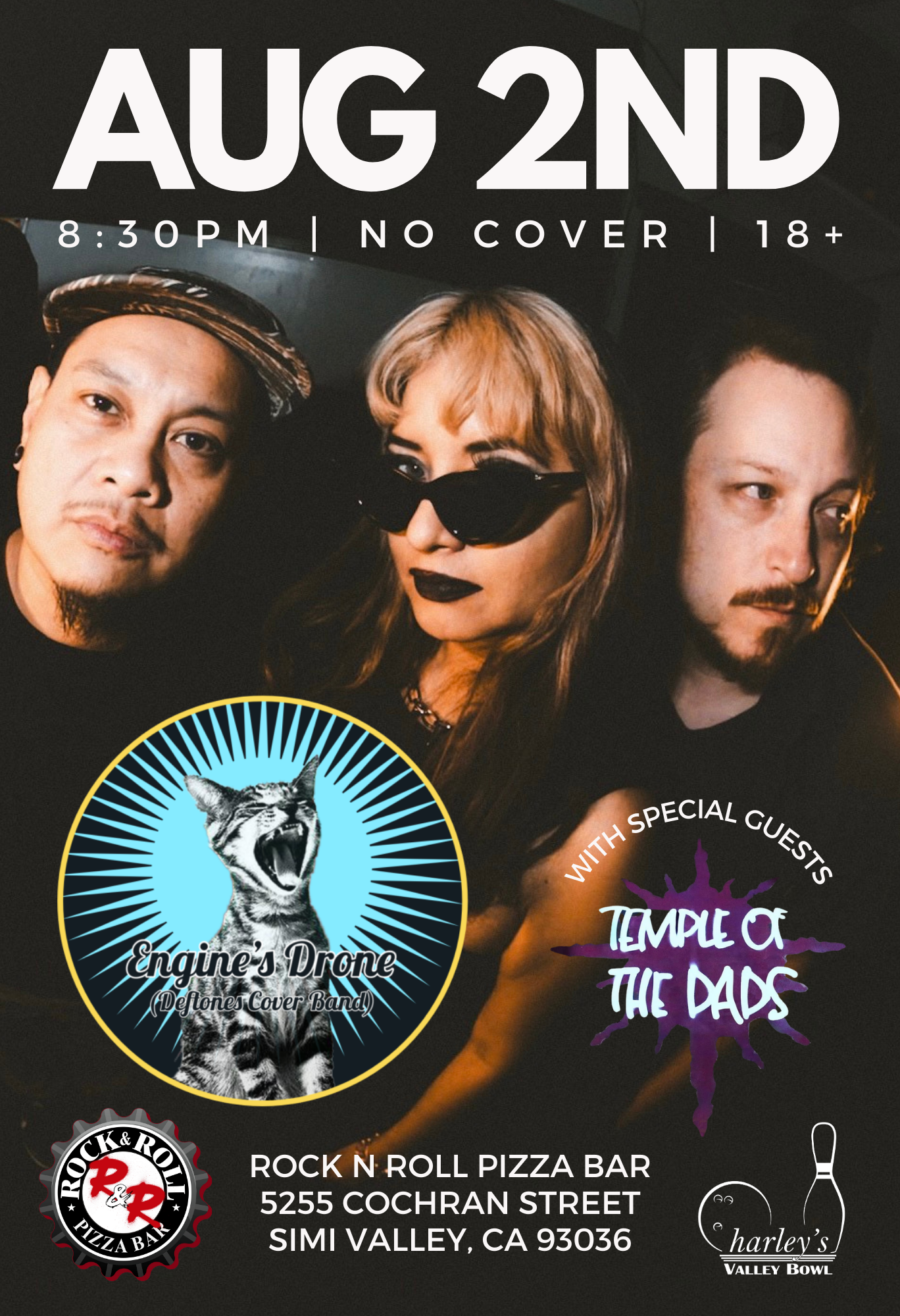 Engines Drone tribute to Deftones event poster. August 2nd, 8:30pm, no cover, 18+,