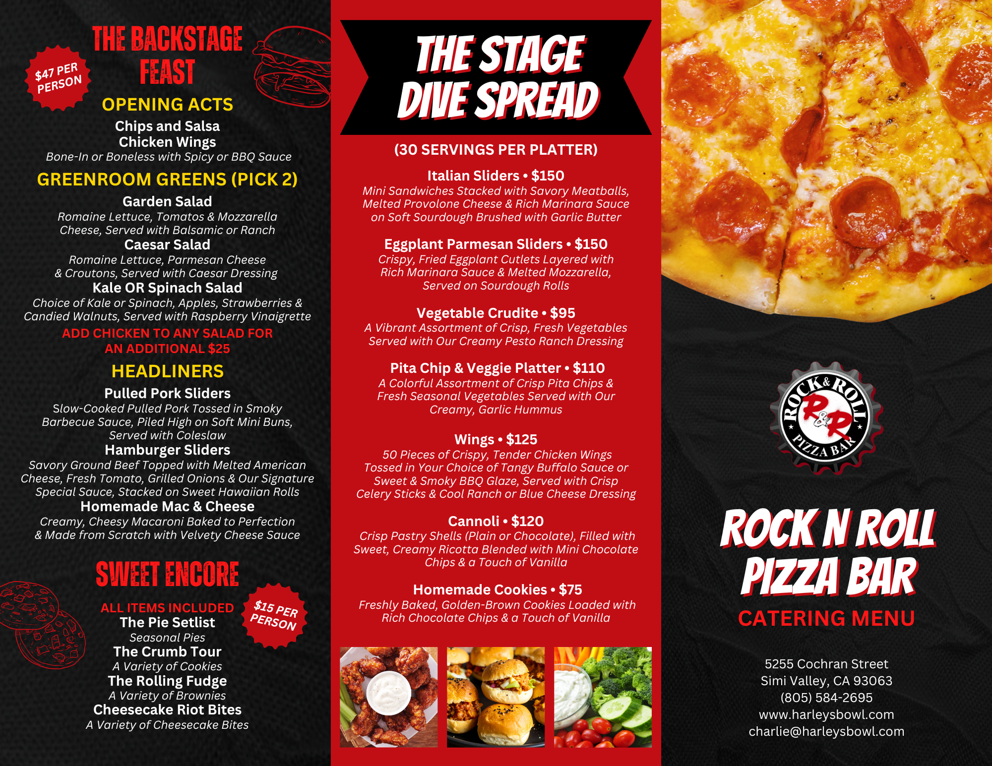 Rock N Roll Pizza Bar party catering menu.